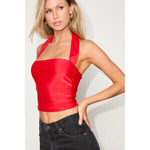 Lulus Laniah Red Slinky Knit Halter Crop Top - Size M